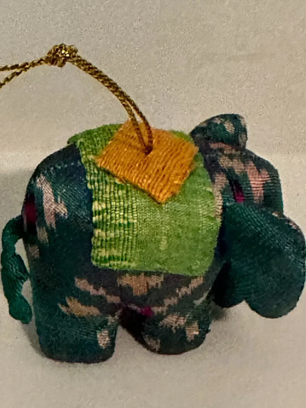 Mini Fabric Elephant Hanging Ornament Green Floral Gold Cord